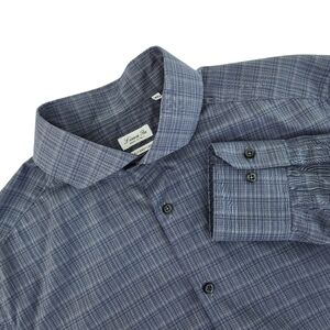 LINEA IN 100% Cotton Plaid Blue Button-Down dress Shirt made in Italy neck 17.5
